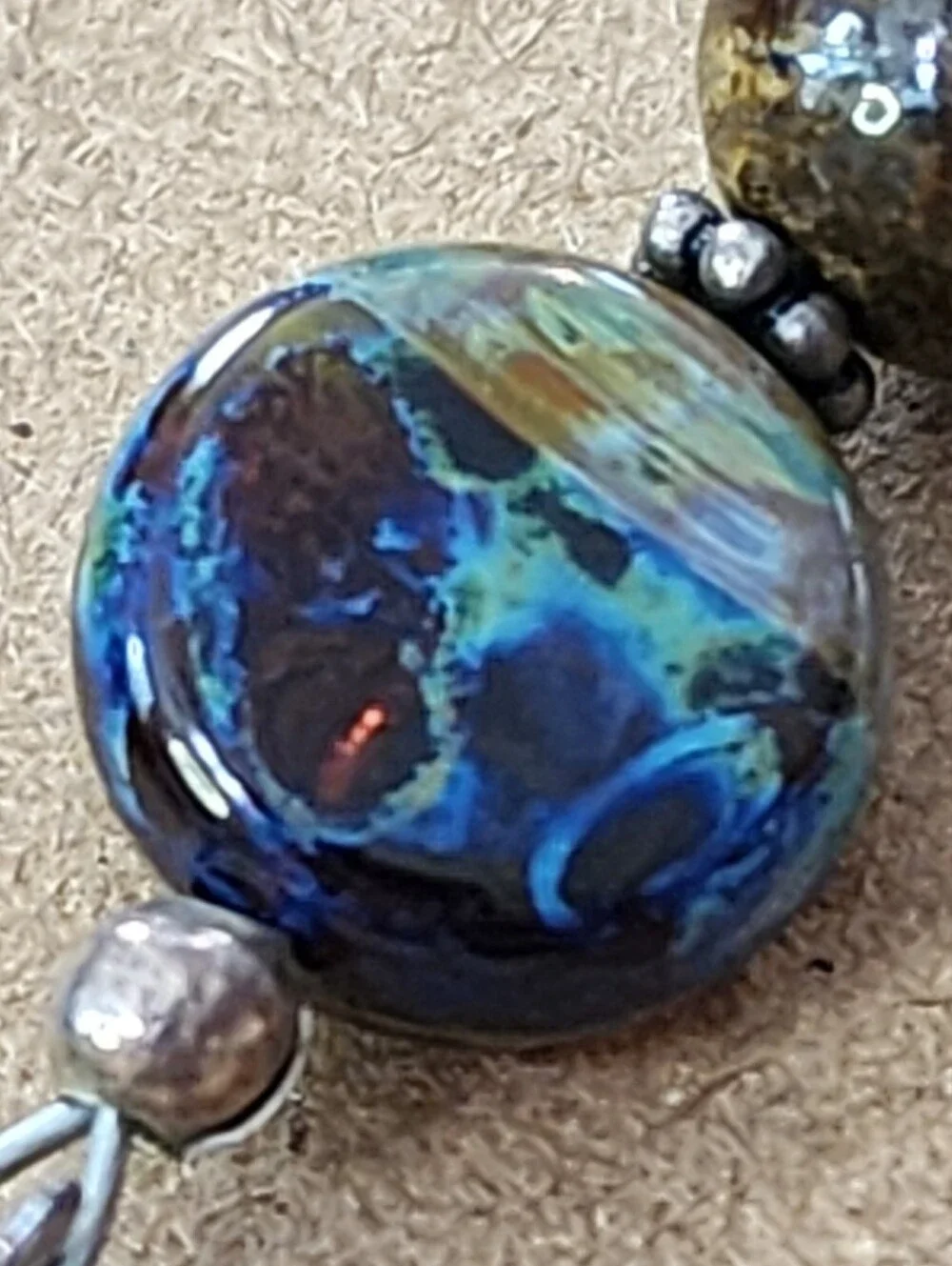 Artisan Handmade Dichroic Glass& Natural Stone Bracelet Sterling Silver 925 6.5